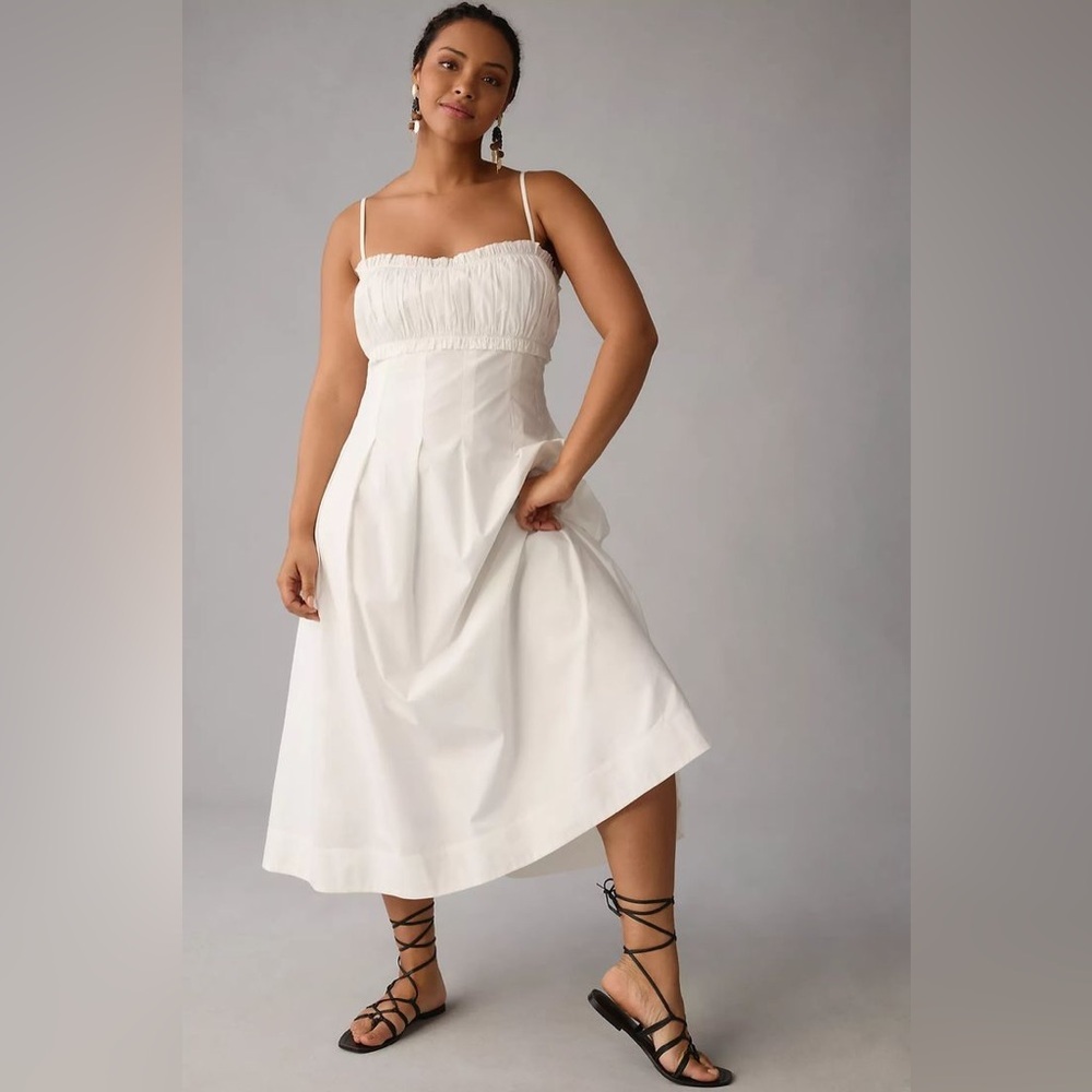 Anthropologie White Smocked Bodice Midi Dress with Spaghetti Straps